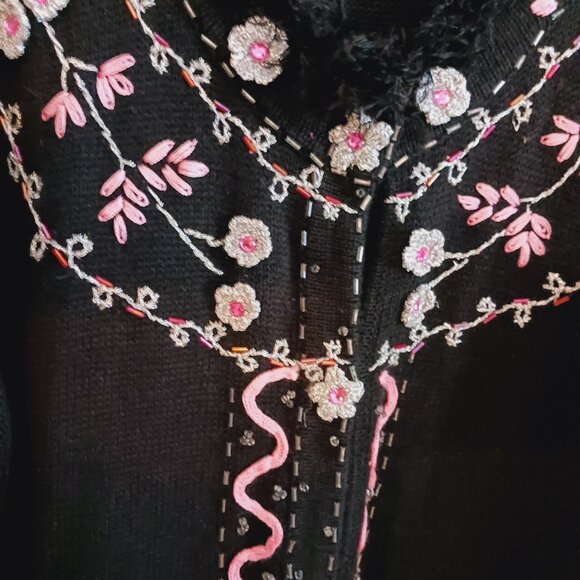 Storybook Knits LRG Long Black Cardigan Sweater Embellished Pink, Silver, Black - Picture 6 of 16